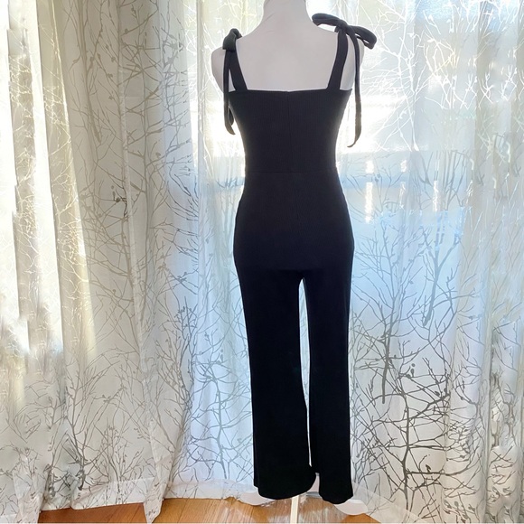 Reformation Wesley black ribbed square neck tie straps cropped jumpsuit - Picture 8 of 12